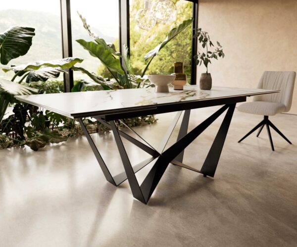 Jídelní stůl Edge 200-300x100 keramika Calacatta Luxe bílo-zlatošedá křížová podnož plochá ocelová černá rozkládací - Image 7