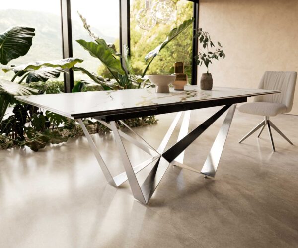 Jídelní stůl Edge 200-300x100 keramika Calacatta Luxe bílo-zlatošedá křížová podnož plochá ocelová nerezová rozkládací - Image 7