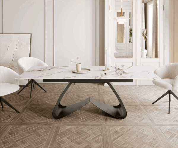 Jídelní stůl Edge 180-220x90 keramika Calacatta Luxe bílo-zlato-šedá podnož ve tvaru "W" titanová rozkládací - Image 2