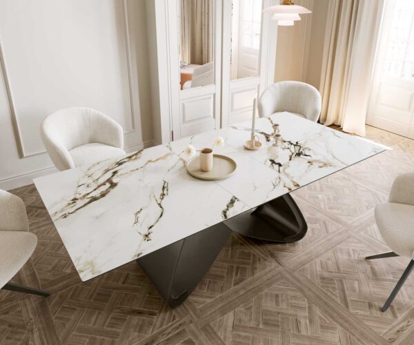 Jídelní stůl Edge 180-220x90 keramika Calacatta Luxe bílo-zlato-šedá podnož ve tvaru "W" titanová rozkládací - Image 6