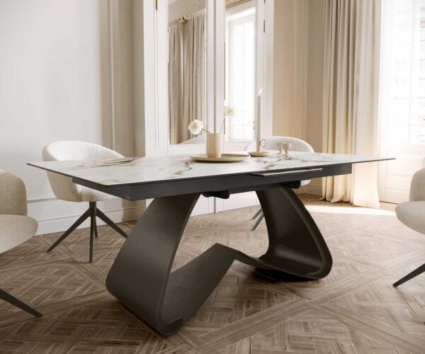Jídelní stůl Edge 180-220x90 keramika Calacatta Luxe bílo-zlato-šedá podnož ve tvaru "W" titanová rozkládací - Image 7