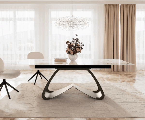 Jídelní stůl Edge 180-220x90 keramika Minas Melange bílo-béžová podnož ve tvaru "W" titanová rozkládací - Image 2