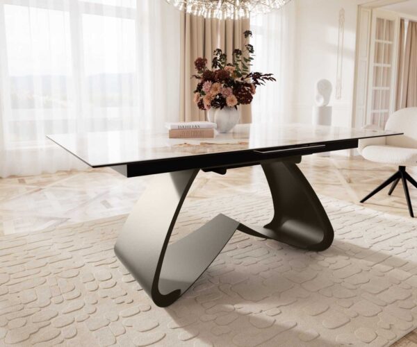 Jídelní stůl Edge 180-220x90 keramika Minas Melange bílo-béžová podnož ve tvaru "W" titanová rozkládací - Image 7