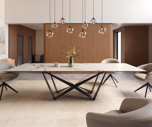 Jídelní stůl Edge 300x100 keramika Calacatta Luxe bílo-zlato-šedá křížová podnož plochá černá - Image 2