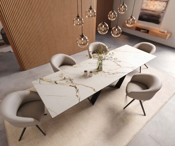 Jídelní stůl Edge 300x100 keramika Calacatta Luxe bílo-zlato-šedá křížová podnož plochá černá - Image 6