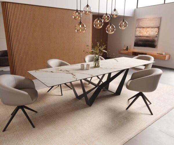 Jídelní stůl Edge 300x100 keramika Calacatta Luxe bílo-zlato-šedá křížová podnož plochá černá - Image 8