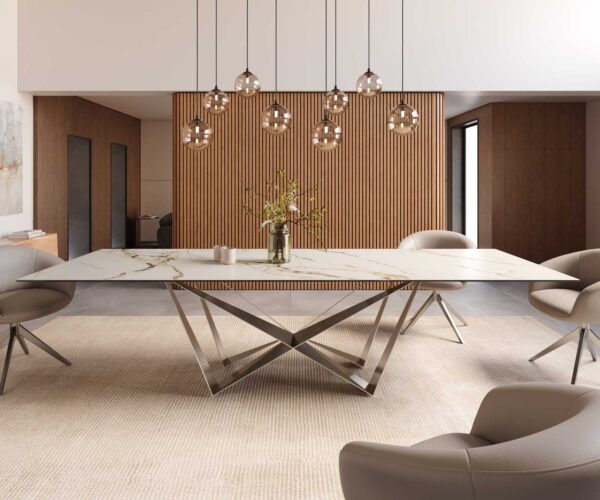 Jídelní stůl Edge 300x100 keramika Calacatta Luxe bílo-zlato-šedá křížová podnož plochá nerezová ocel - Image 2