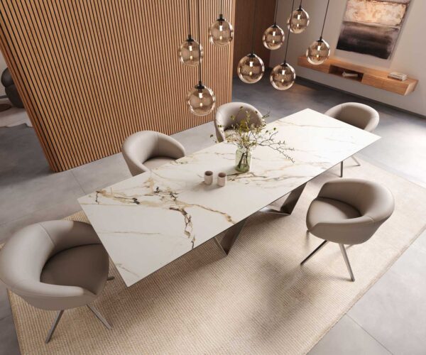 Jídelní stůl Edge 300x100 keramika Calacatta Luxe bílo-zlato-šedá křížová podnož plochá nerezová ocel - Image 6