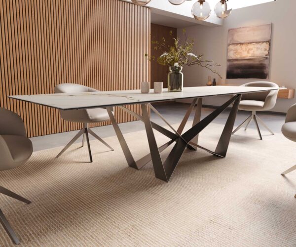 Jídelní stůl Edge 300x100 keramika Calacatta Luxe bílo-zlato-šedá křížová podnož plochá nerezová ocel - Image 7