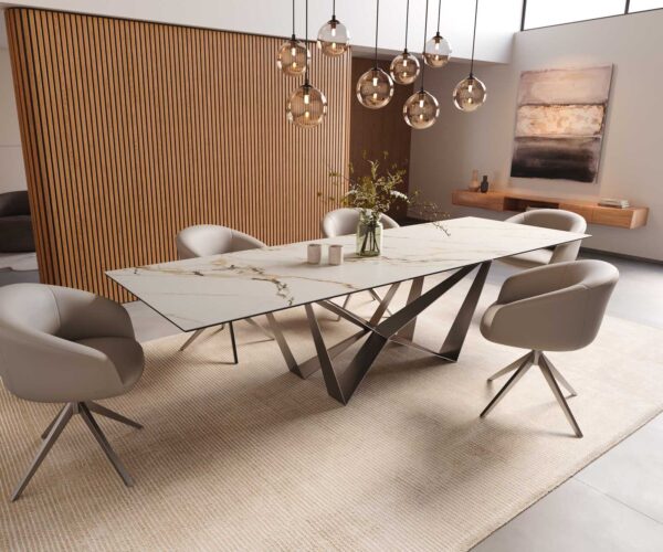 Jídelní stůl Edge 300x100 keramika Calacatta Luxe bílo-zlato-šedá křížová podnož plochá nerezová ocel - Image 8