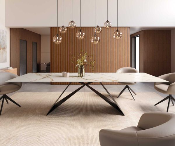 Jídelní stůl Edge 300x100 keramika Calacatta Luxe bílo-zlato-šedá podnož ve tvaru "V" ocel černá - Image 2