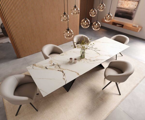 Jídelní stůl Edge 300x100 keramika Calacatta Luxe bílo-zlato-šedá podnož ve tvaru "V" ocel černá - Image 6
