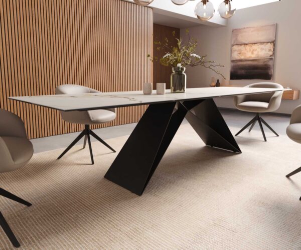 Jídelní stůl Edge 300x100 keramika Calacatta Luxe bílo-zlato-šedá podnož ve tvaru "V" ocel černá - Image 7