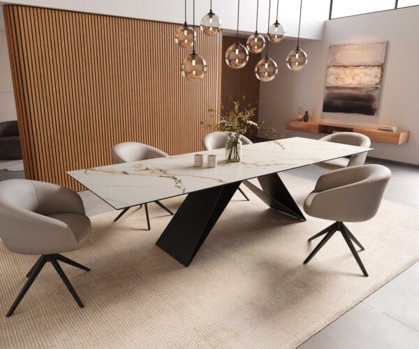 Jídelní stůl Edge 300x100 keramika Calacatta Luxe bílo-zlato-šedá podnož ve tvaru "V" ocel černá - Image 8