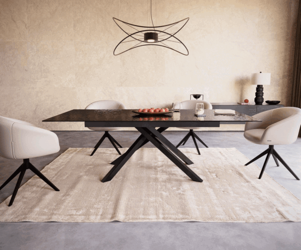 Jídelní stůl Edge 180-220x100 reliéfní sklo kouřové černé 3D design křížová podnož hranatá černá rozkládací - Image 2