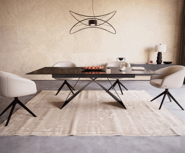 Jídelní stůl Edge 180-220x100 reliéfní sklo kouřové černé 3D design podnož ve tvaru "V" plochá ocel černá rozkládací - Image 2