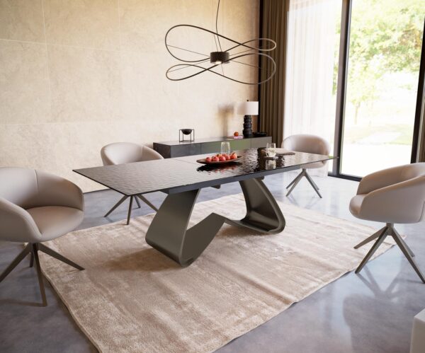 Jídelní stůl Edge 180-220x100 reliéfní sklo kouřové černé 3D design podnož ve tvaru "W" titanová rozkládací - Image 6