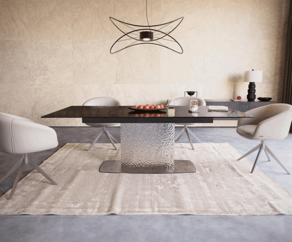 Jídelní stůl Edge 180-220x100 reliéfní sklo kouřové černé 3D design podnož Wave nerezová ocel rozkládací - Image 2