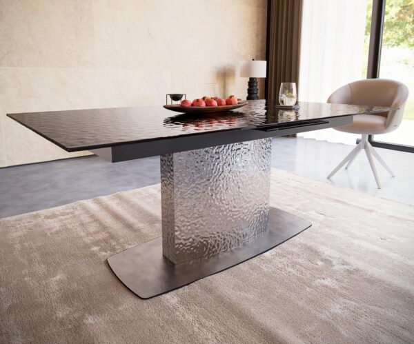 Jídelní stůl Edge 180-220x100 reliéfní sklo kouřové černé 3D design podnož Wave nerezová ocel rozkládací - Image 5