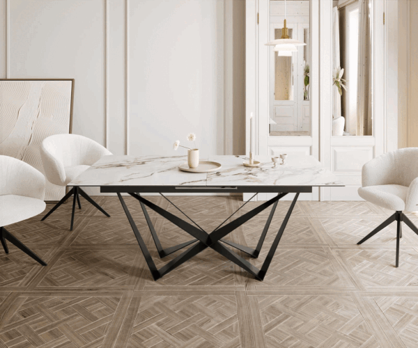 Jídelní stůl Edge 180-220x100 keramika Calacatta Luxe bílo-zlatošedá křížová podnož plochá ocelová černá rozkládací - Image 2