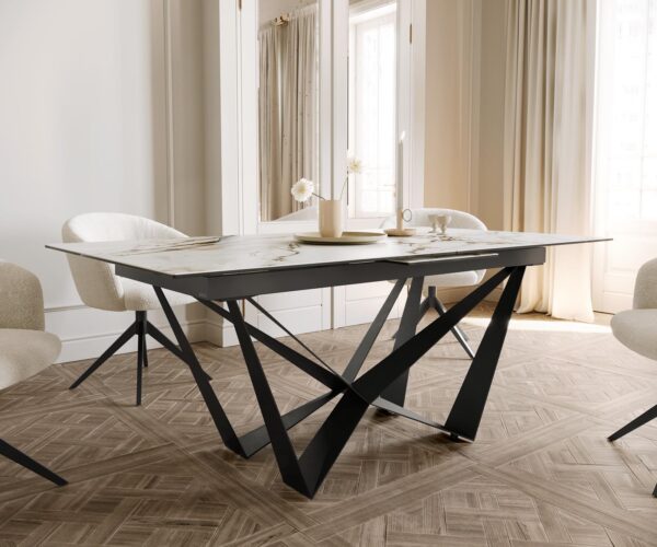 Jídelní stůl Edge 180-220x100 keramika Calacatta Luxe bílo-zlatošedá křížová podnož plochá ocelová černá rozkládací - Image 6