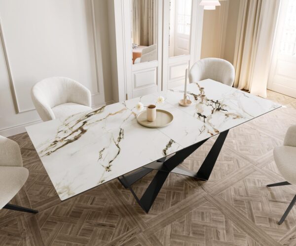 Jídelní stůl Edge 180-220x100 keramika Calacatta Luxe bílo-zlatošedá křížová podnož plochá ocelová černá rozkládací - Image 5