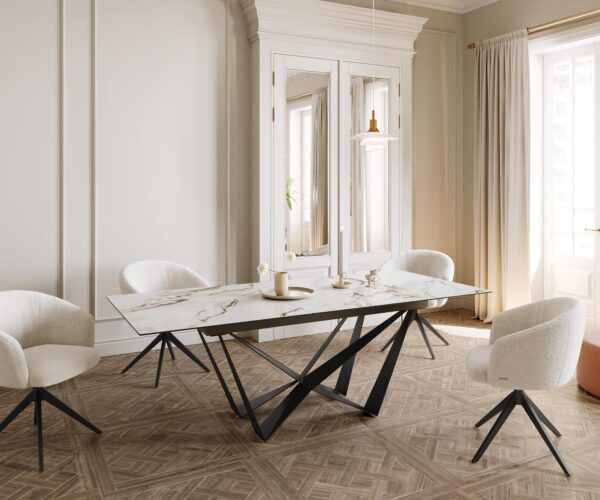 Jídelní stůl Edge 180-220x100 keramika Calacatta Luxe bílo-zlatošedá křížová podnož plochá ocelová černá rozkládací - Image 7
