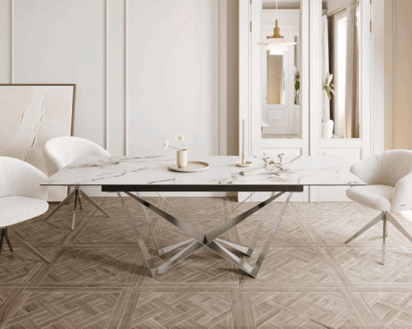 Jídelní stůl Edge 180-220x100 keramika Calacatta Luxe bílo-zlatošedá křížová podnož plochá ocelová nerezová rozkládací - Image 2