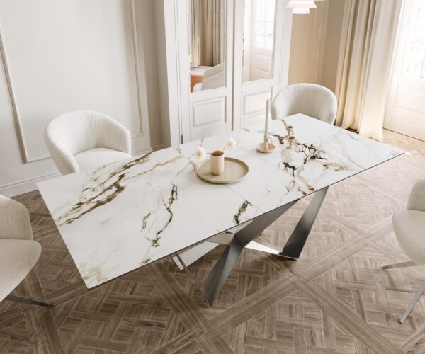 Jídelní stůl Edge 180-220x100 keramika Calacatta Luxe bílo-zlatošedá křížová podnož plochá ocelová nerezová rozkládací - Image 5