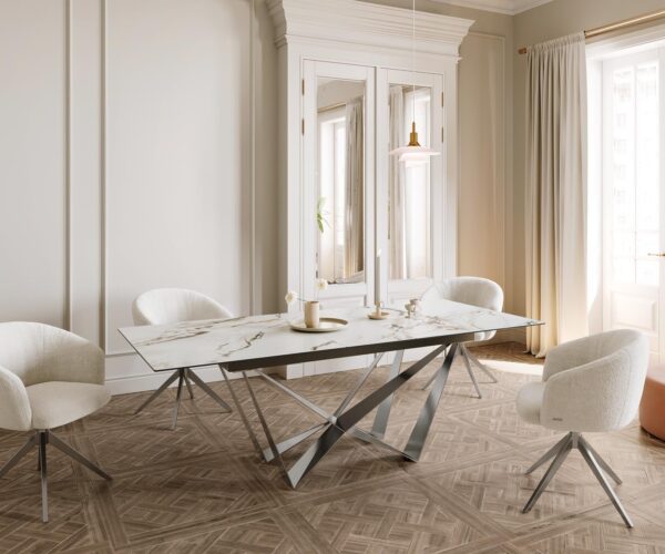Jídelní stůl Edge 180-220x100 keramika Calacatta Luxe bílo-zlatošedá křížová podnož plochá ocelová nerezová rozkládací - Image 7