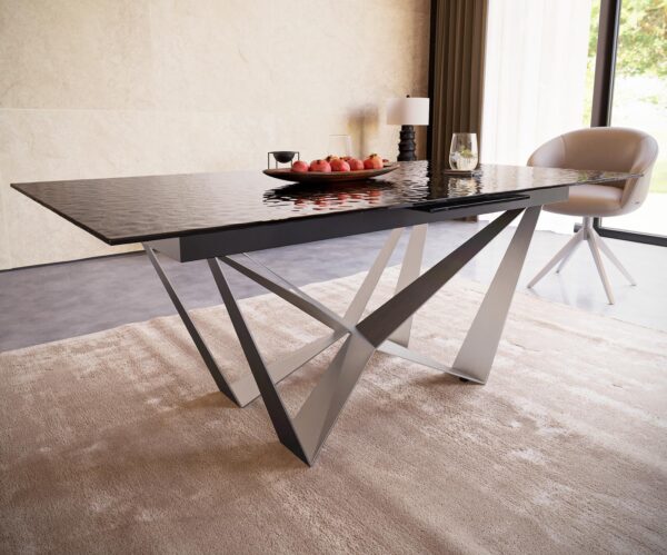 Jídelní stůl Edge 180-220x100 reliéfní sklo kouřové černé 3D design křížová podnož plochá ocel nerezová ocel rozkládací - Image 5