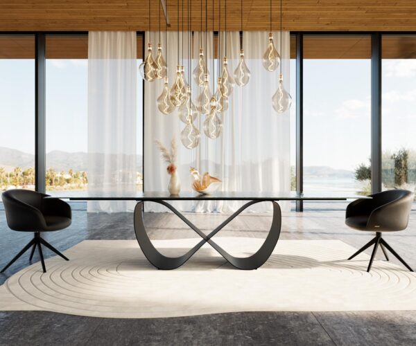 Jídelní stůl Edge 300x100 reliéfní sklo kouřové černé 3D design Infinity kovová černá - Image 2