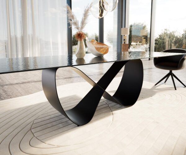 Jídelní stůl Edge 300x100 reliéfní sklo kouřové černé 3D design Infinity kovová černá - Image 5