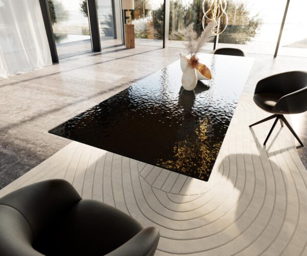 Jídelní stůl Edge 300x100 reliéfní sklo kouřové černé 3D design Infinity kovová černá - Image 6