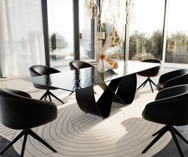 Jídelní stůl Edge 300x100 reliéfní sklo kouřové černé 3D design Infinity kovová černá - Image 7