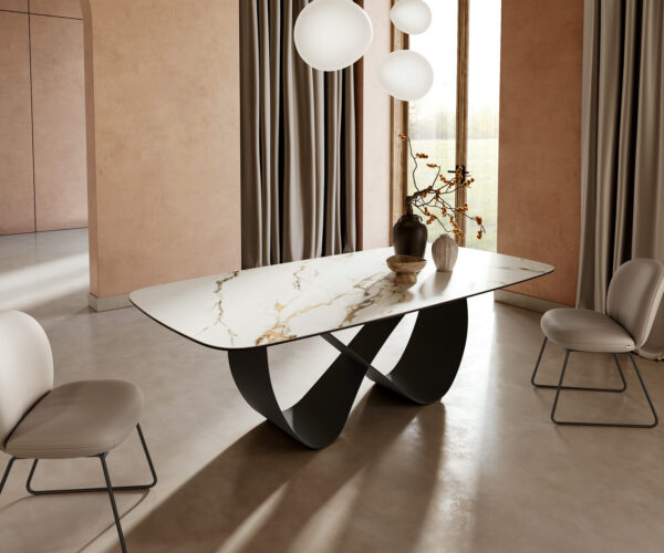 Jídelní stůl Edge oválný 240x120 cm keramika Calacatta Luxe bílá-zlatá-šedá Infinity podnož kovová černá - Image 2