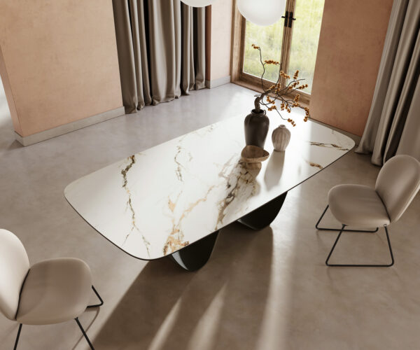 Jídelní stůl Edge oválný 240x120 cm keramika Calacatta Luxe bílá-zlatá-šedá Infinity podnož kovová černá - Image 5