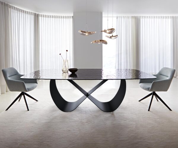 Jídelní stůl Edge oválný 240x120 kouřové černé reliéfní sklo 3D design Infinity kovová černá - Image 2