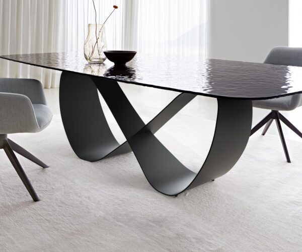 Jídelní stůl Edge oválný 240x120 kouřové černé reliéfní sklo 3D design Infinity kovová černá - Image 5