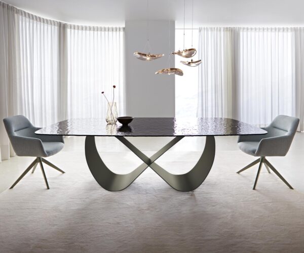 Jídelní stůl Edge oválný 240x120 reliéfní sklo kouřové černé 3D design Infinity kovová podnož titanová - Image 2