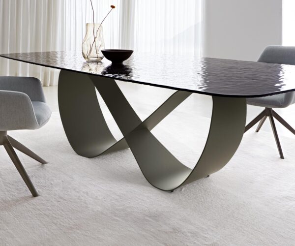 Jídelní stůl Edge oválný 240x120 reliéfní sklo kouřové černé 3D design Infinity kovová podnož titanová - Image 5