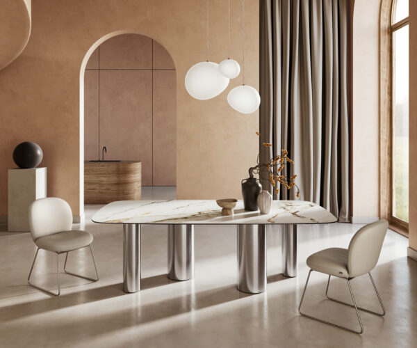 Jídelní stůl Edge oválný 240x120 cm keramika Calacatta Luxe bílo-zlato-šedá Pilier podnož nerezová ocel