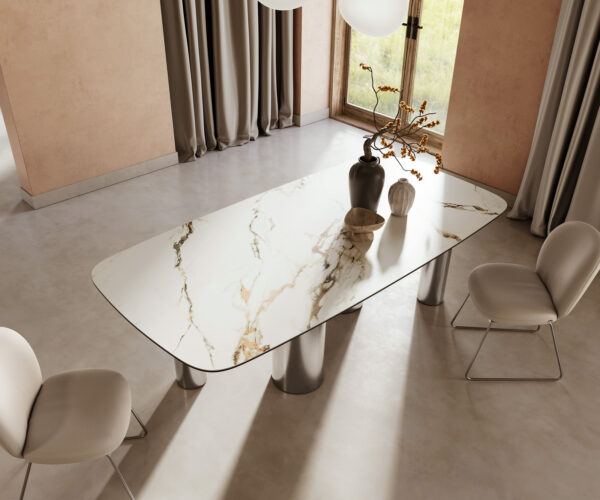 Jídelní stůl Edge oválný 240x120 cm keramika Calacatta Luxe bílo-zlato-šedá Pilier podnož nerezová ocel - Image 5
