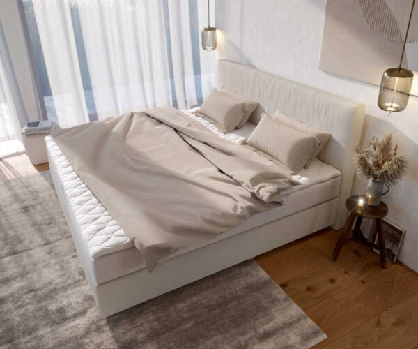 Boxspring postel Dream-Well bouclé krémově bílá 200x200 cm s taštičkovou pružinovou matrací a topperem visco - Image 4