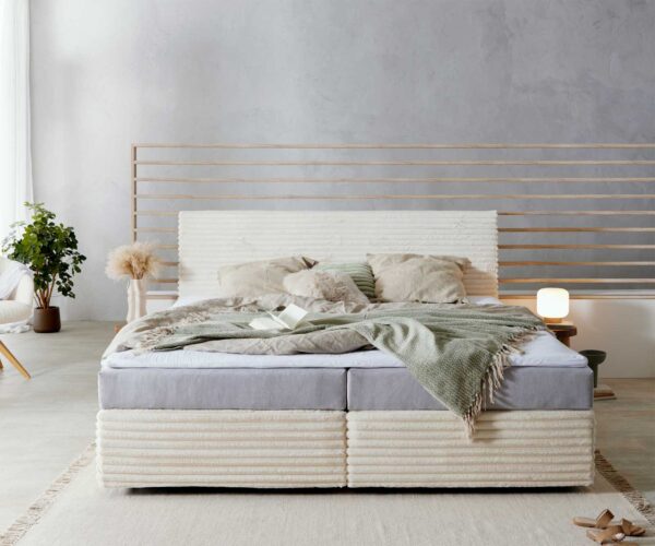 Boxspring postel Dream-Well plyšový manšestr beige 200x200 cm s taštičkovou pružinovou matrací a topperem visco - Image 2