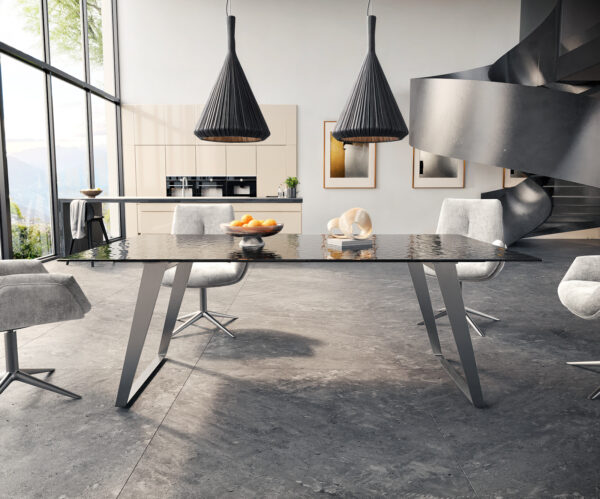 Jídelní stůl Edge 200x100 reliéfní sklo kouřové černé 3D design nerezová ocel zkosená - Image 2