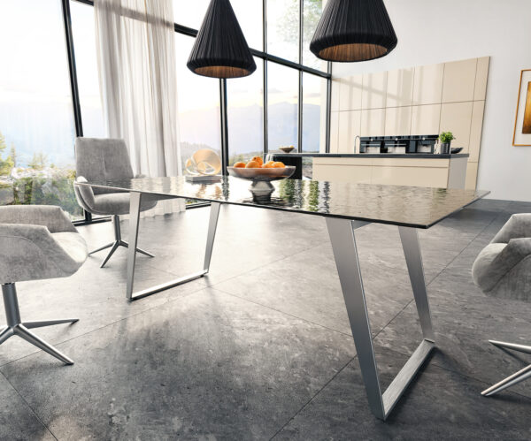 Jídelní stůl Edge 200x100 reliéfní sklo kouřové černé 3D design nerezová ocel zkosená - Image 4