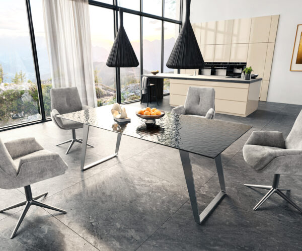 Jídelní stůl Edge 200x100 reliéfní sklo kouřové černé 3D design nerezová ocel zkosená - Image 6