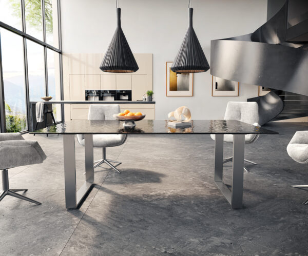 Jídelní stůl Edge 200x100 reliéfní sklo kouřové černé 3D design nerezová ocel úzká - Image 2