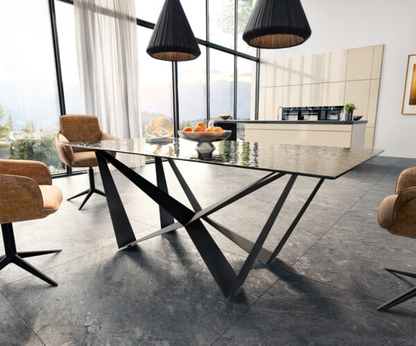Jídelní stůl Edge 200x100 reliéfní sklo kouřové černé 3D design křížová podnož plochá ocel černá - Image 4